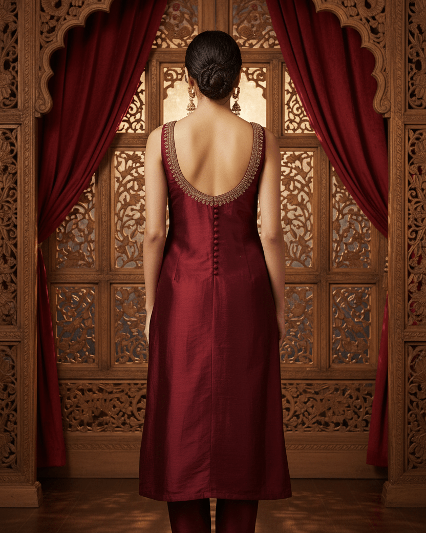 Maroon Silk Short Sleeveless Kurti - Trendique