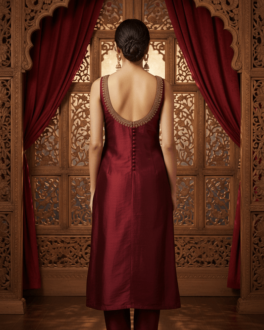 Maroon Silk Short Sleeveless Kurti - Trendique