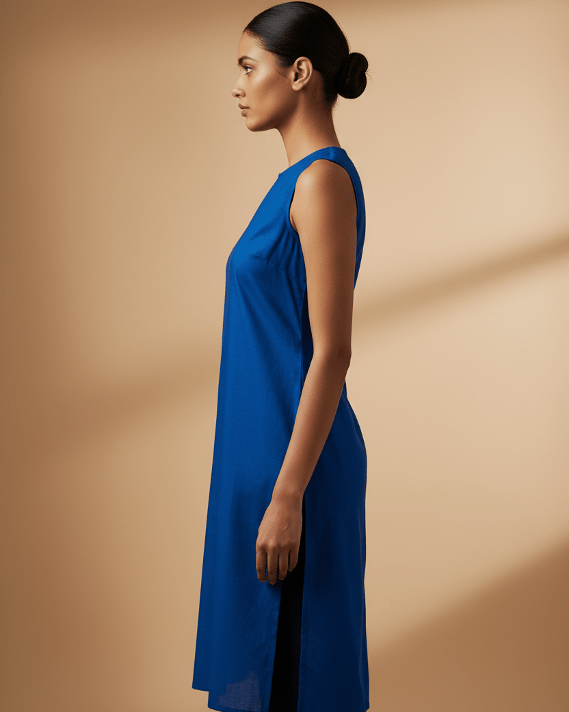 Royal Blue Cotton Short Sleeveless Kurti - Trendique