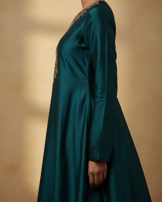 Teal Silk Full Sleeve Kurti - Trendique